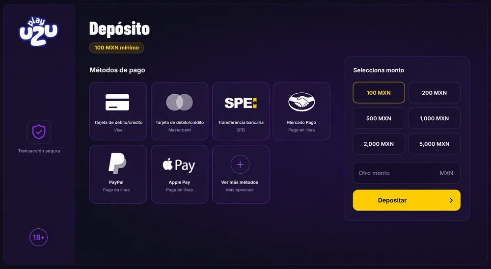 Métodos de pago y depósito desde 100 MXN en PlayUZU México: SPEI, tarjetas y PayPal