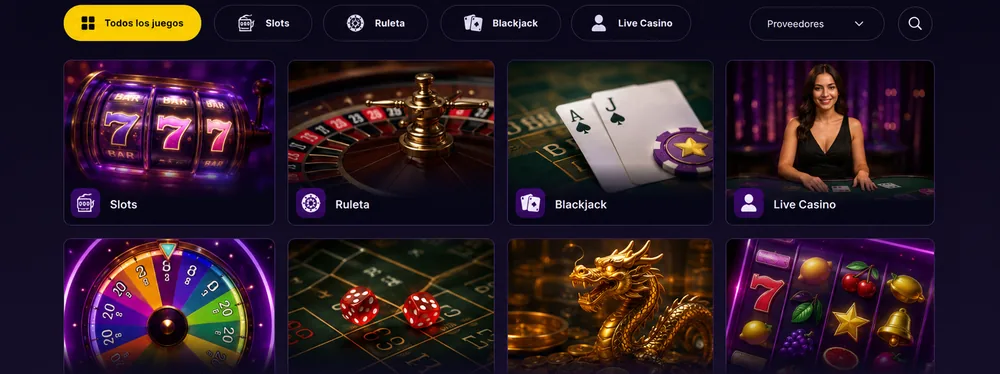 Lobby de casino online de PlayUZU México con slots, ruleta, blackjack y casino en vivo
